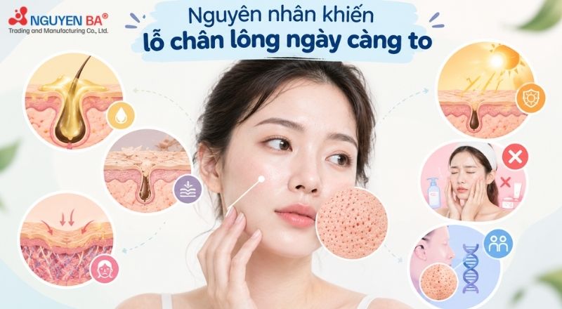 Nguyên nhân khiến lỗ chân lông ngày càng to: da dầu, tế bào chết, lão hóa và tia UV.